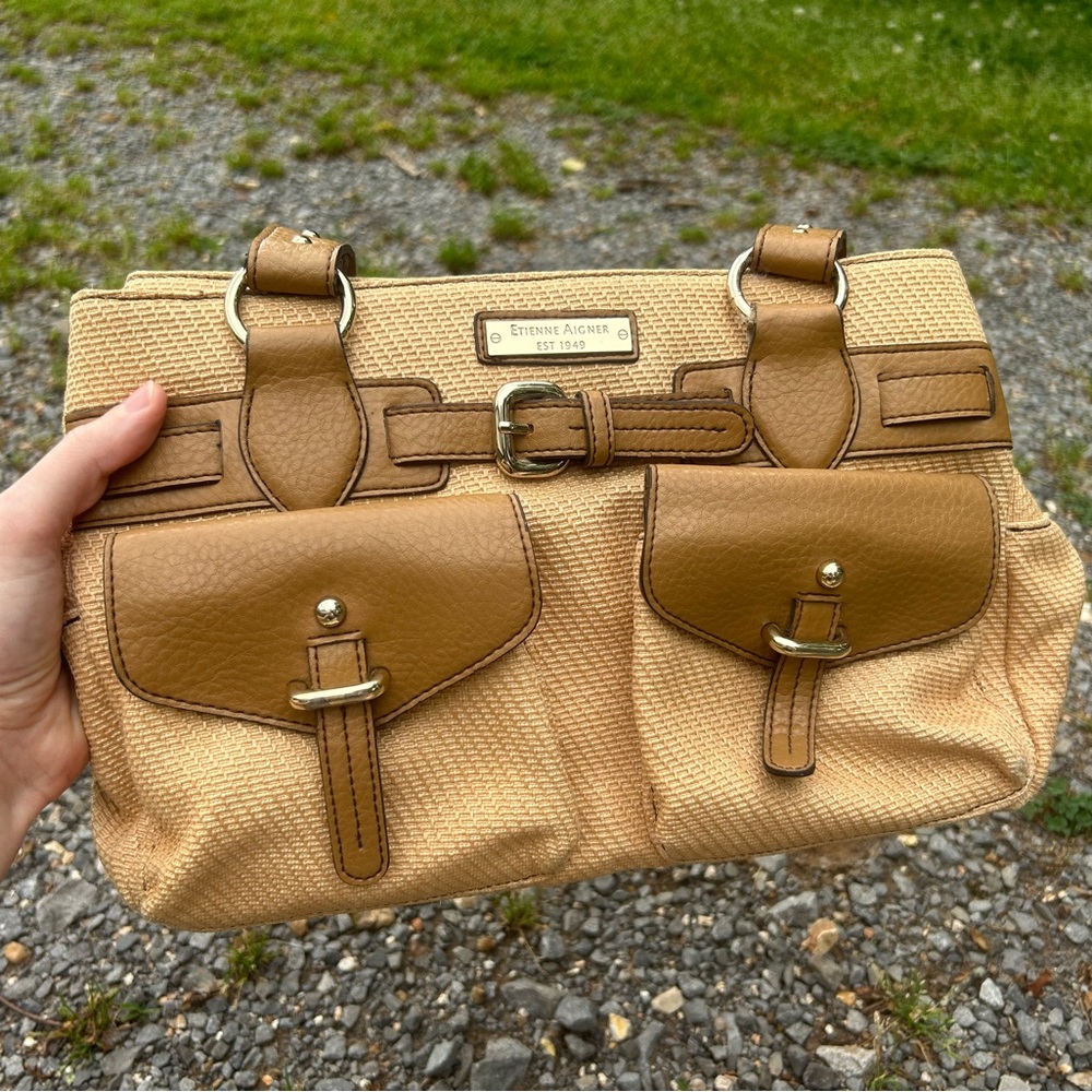 Etienne Aigner tan woven shoulder purse